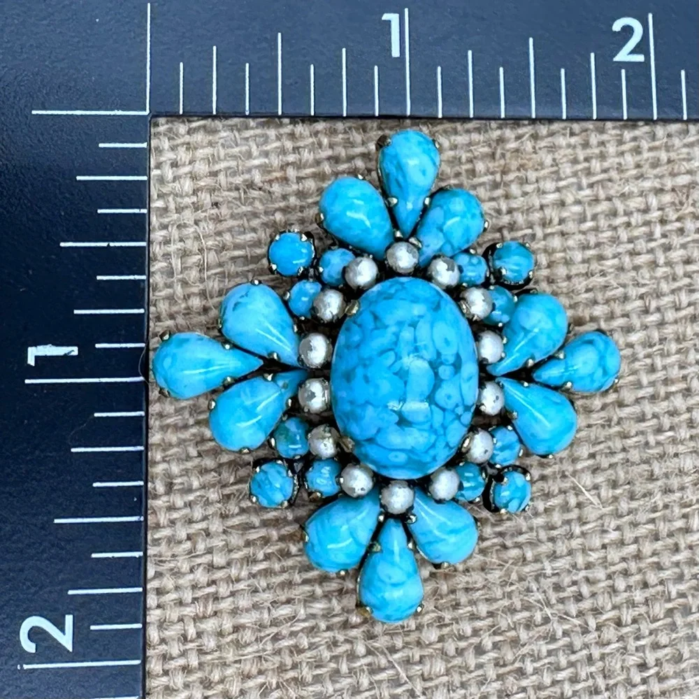 Western Germany Signed Vintage Blue Hubbell Glass Brooch Pin